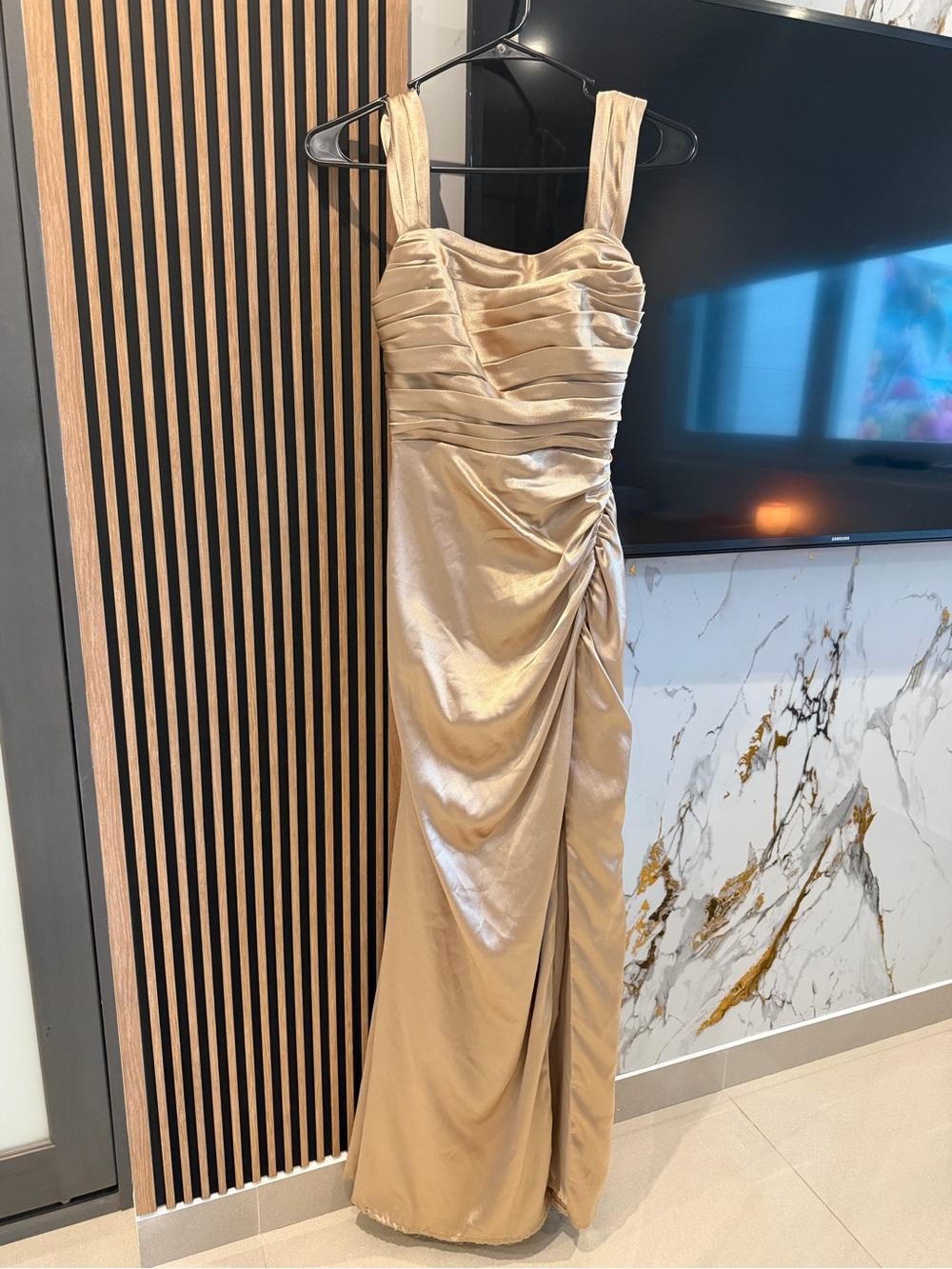 Azazie Champagne Satin Ruched Maxi Bridesmaid Dress Size A0 Altered - Picture 2 of 5